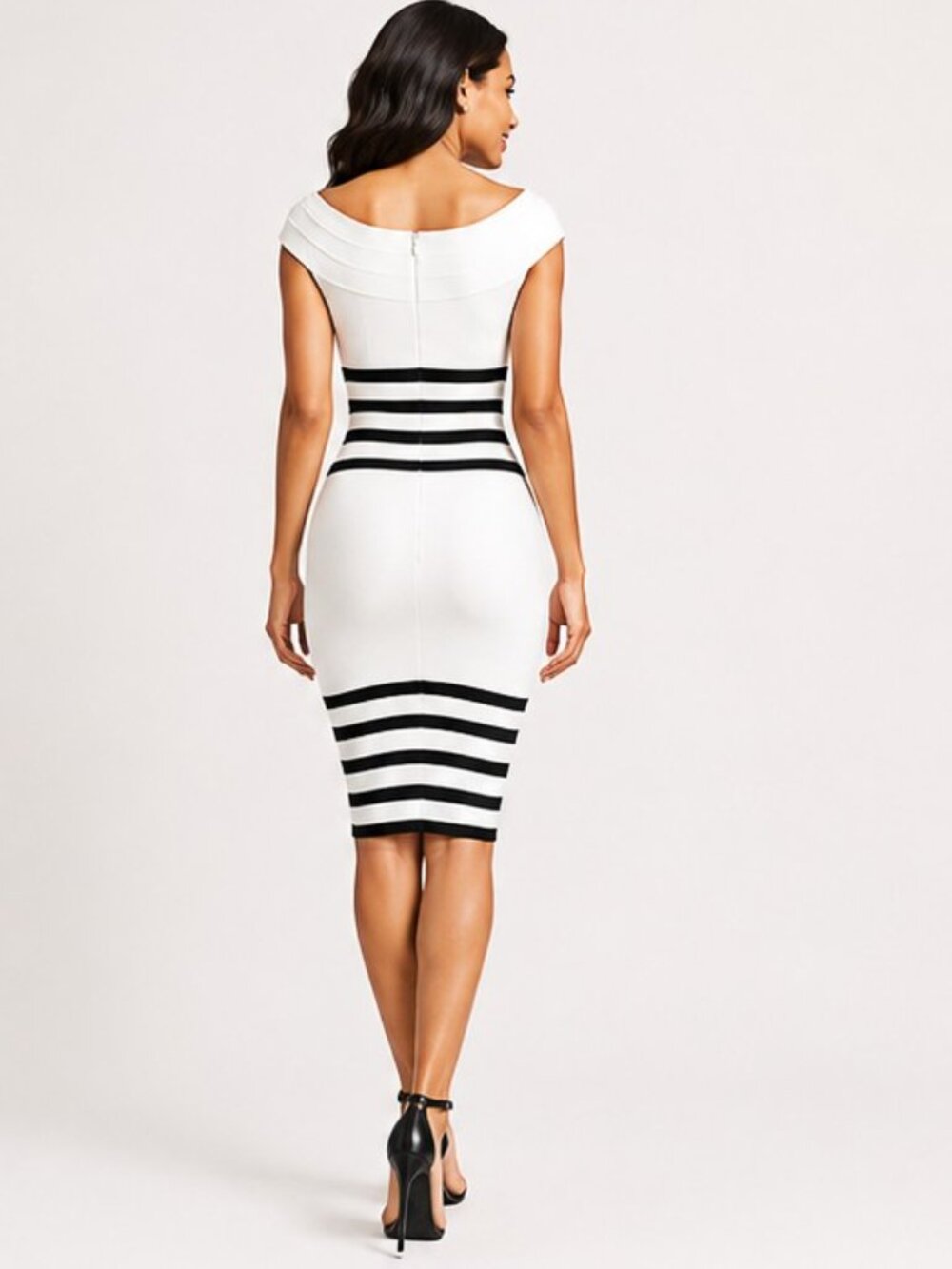 White Black Stripe Portrait Neck Sculpted Fit Bandage Dress | Boutique Style M - Picture 3 of 7